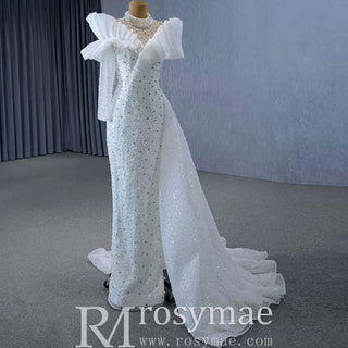 High-end One Shoulder Long Sleeve Wedding Dress with High Back - Rosymae