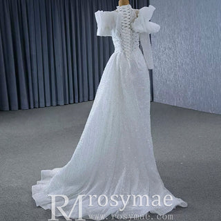 High-end One Shoulder Long Sleeve Wedding Dress with High Back - Rosymae