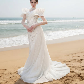 High-end One Shoulder Long Sleeve Wedding Dress with High Back - Rosymae