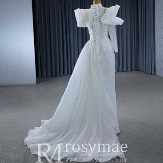 High-end One Shoulder Long Sleeve Wedding Dress with High Back - Rosymae