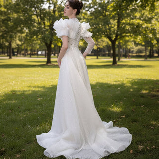 High-end One Shoulder Long Sleeve Wedding Dress with High Back - Rosymae