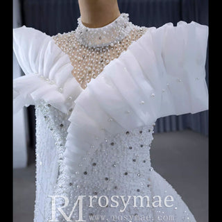 High-end One Shoulder Long Sleeve Wedding Dress with High Back - Rosymae