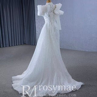 High-end One Shoulder Long Sleeve Wedding Dress with High Back - Rosymae