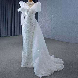 High-end One Shoulder Long Sleeve Wedding Dress with High Back - Rosymae