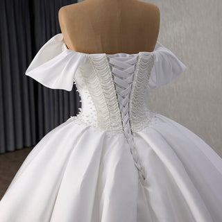 High-End Pearl Satin Ball Gown Wedding Dress with Off Shoulder Sweetheart Bodice - Rosymae