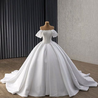 High-End Pearl Satin Ball Gown Wedding Dress with Off Shoulder Sweetheart Bodice - Rosymae