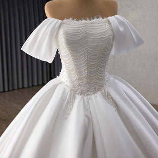 High-End Pearl Satin Ball Gown Wedding Dress with Off Shoulder Sweetheart Bodice - Rosymae