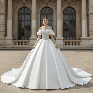 High-End Pearl Satin Ball Gown Wedding Dress with Off Shoulder Sweetheart Bodice - Rosymae