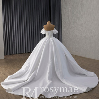 High-End Pearl Satin Ball Gown Wedding Dress with Off Shoulder Sweetheart Bodice - Rosymae