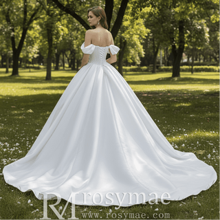 High-End Pearl Satin Ball Gown Wedding Dress with Off Shoulder Sweetheart Bodice - Rosymae