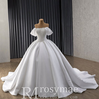 High-End Pearl Satin Ball Gown Wedding Dress with Off Shoulder Sweetheart Bodice - Rosymae