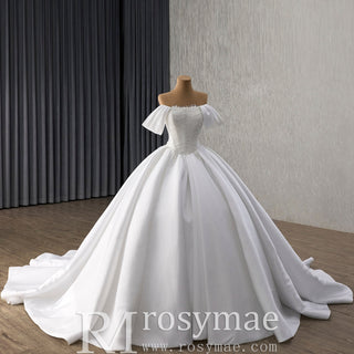 High-End Pearl Satin Ball Gown Wedding Dress with Off Shoulder Sweetheart Bodice - Rosymae