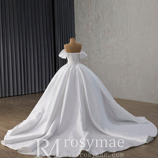 High-End Pearl Satin Ball Gown Wedding Dress with Off Shoulder Sweetheart Bodice - Rosymae