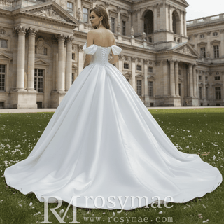 High-End Pearl Satin Ball Gown Wedding Dress with Off Shoulder Sweetheart Bodice - Rosymae