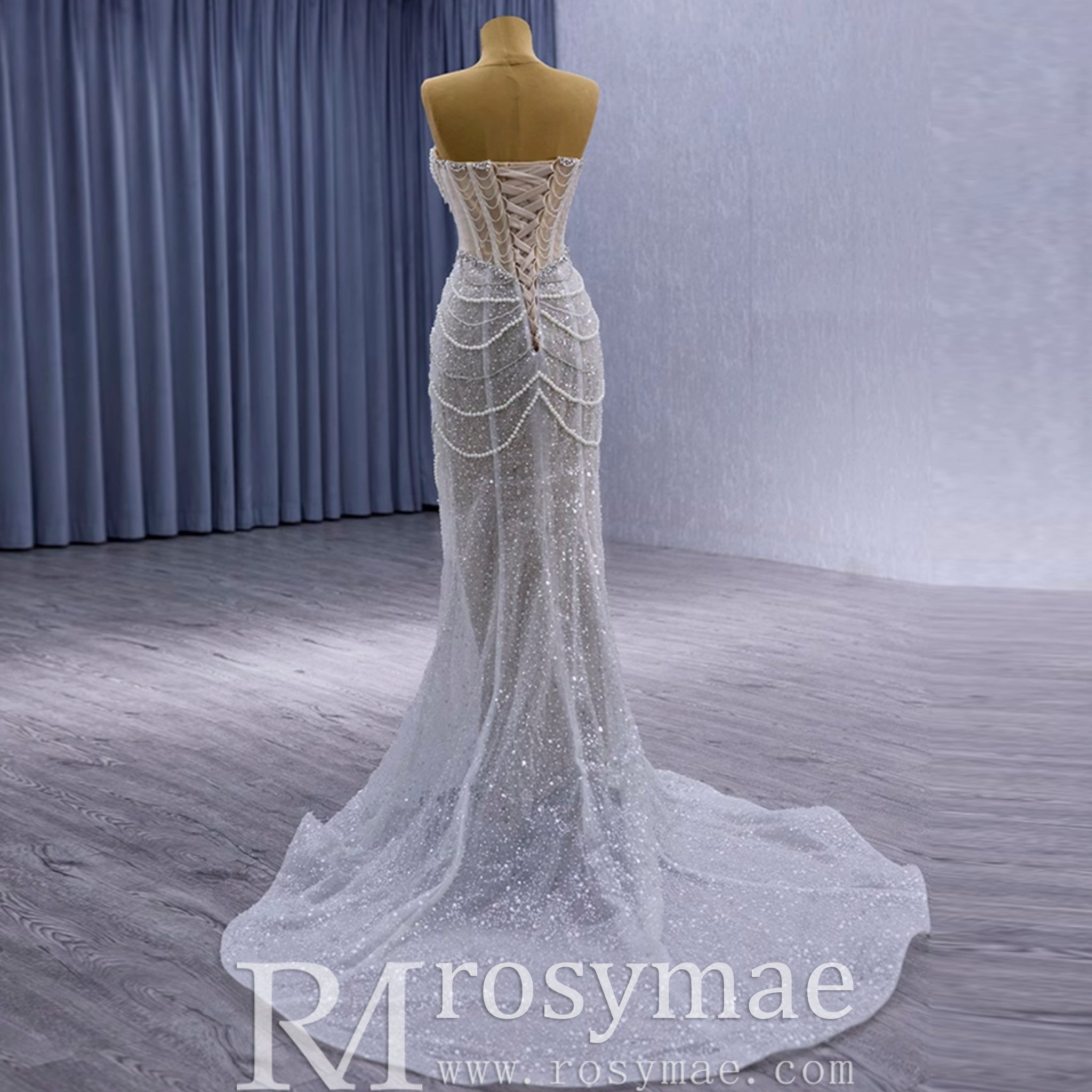 High-end Pearls Mermaid Wedding Dress with Detachable Sleeve - Rosymae
