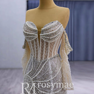 High-end Pearls Mermaid Wedding Dress with Detachable Sleeve - Rosymae