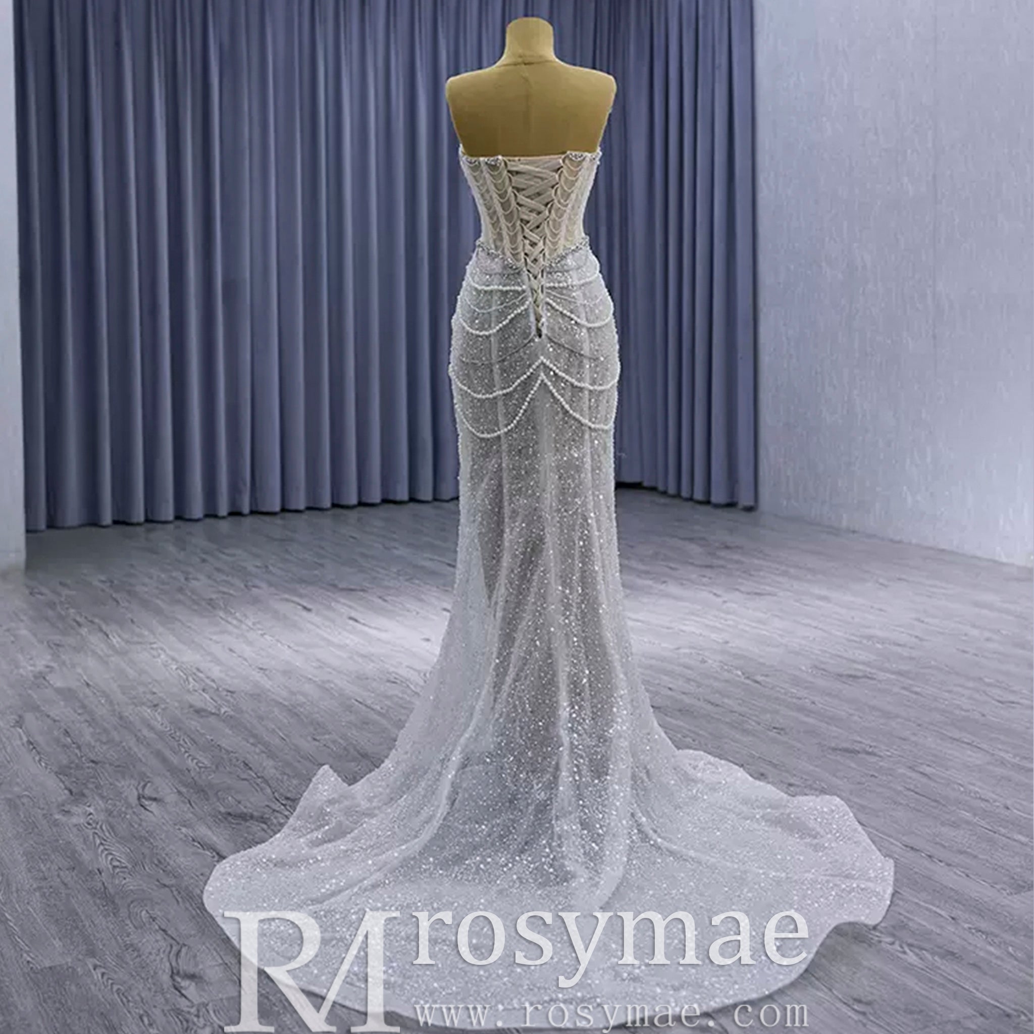 High-end Pearls Mermaid Wedding Dress with Detachable Sleeve - Rosymae