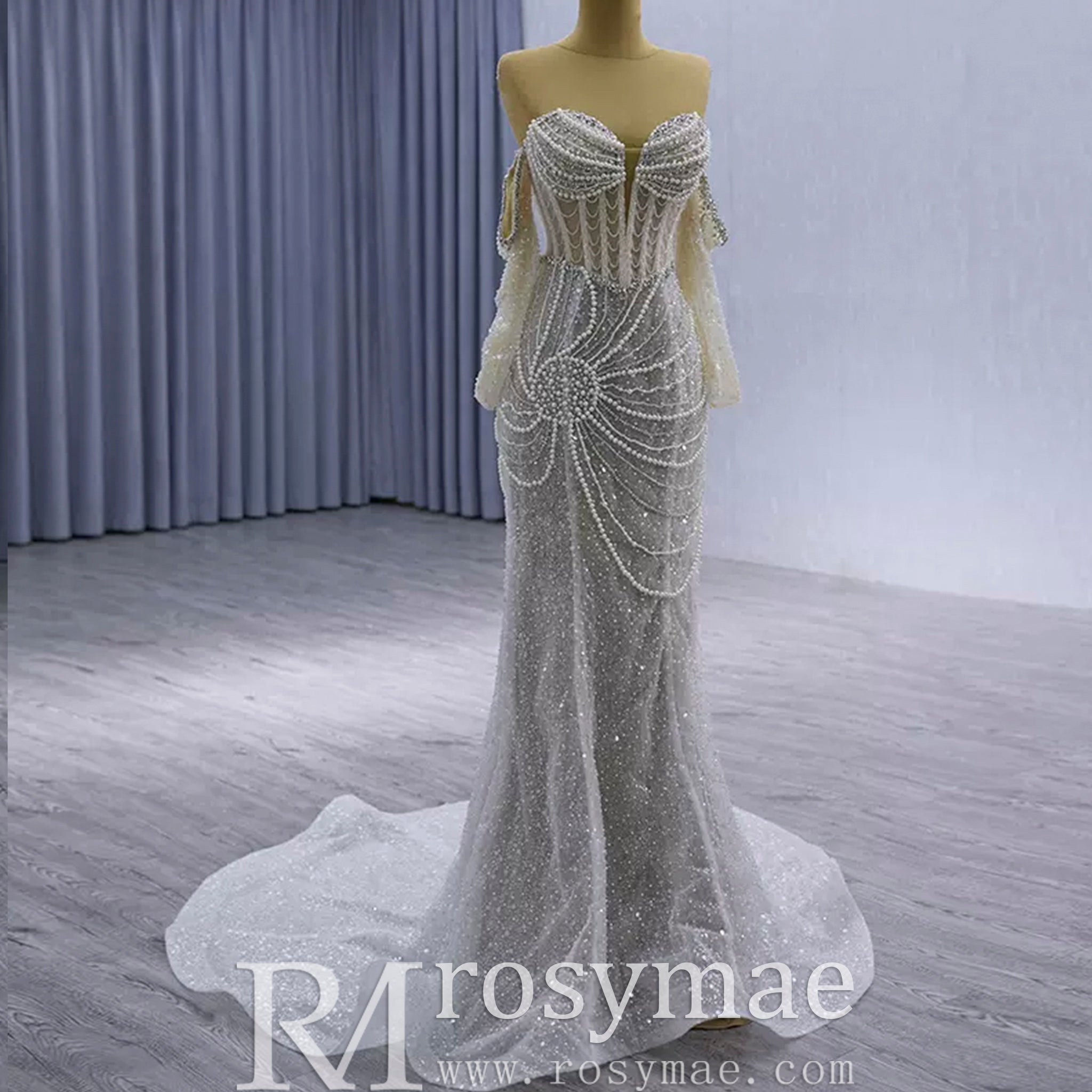 High-end Pearls Mermaid Wedding Dress with Detachable Sleeve - Rosymae
