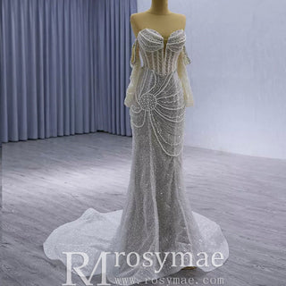 High-end Pearls Mermaid Wedding Dress with Detachable Sleeve - Rosymae