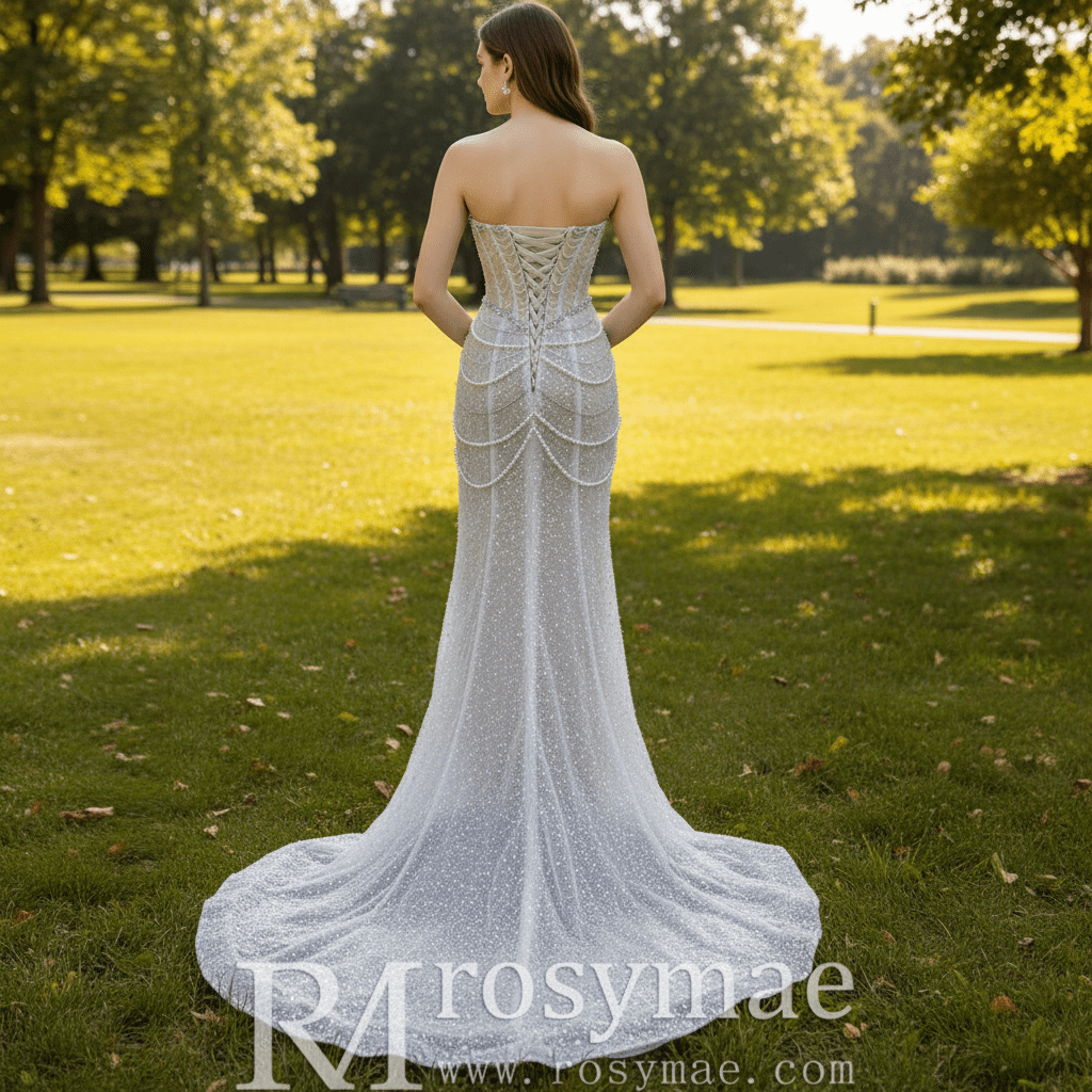 High-end Pearls Mermaid Wedding Dress with Detachable Sleeve - Rosymae