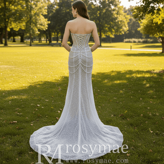 High-end Pearls Mermaid Wedding Dress with Detachable Sleeve - Rosymae