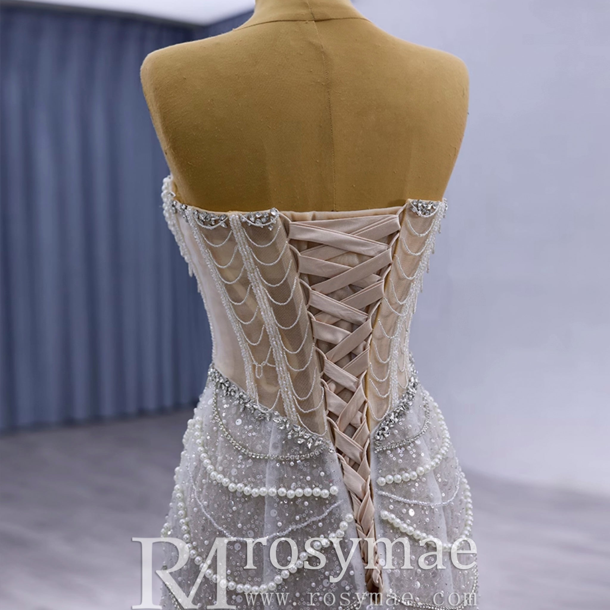High-end Pearls Mermaid Wedding Dress with Detachable Sleeve - Rosymae
