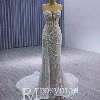 High-end Pearls Mermaid Wedding Dress with Detachable Sleeve - Rosymae
