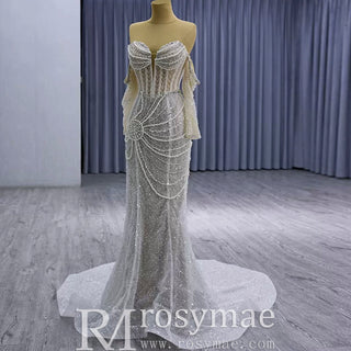 High-end Pearls Mermaid Wedding Dress with Detachable Sleeve - Rosymae