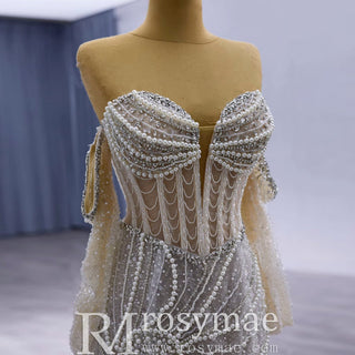 High-end Pearls Mermaid Wedding Dress with Detachable Sleeve - Rosymae