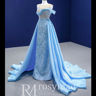 High-end Pool Blue Beading Pearl Sequins Prom Dresses - Rosymae