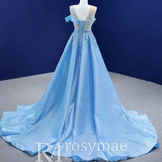High-end Pool Blue Beading Pearl Sequins Prom Dresses - Rosymae