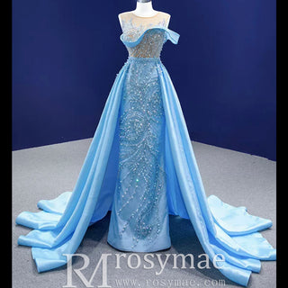 High-end Pool Blue Beading Pearl Sequins Prom Dresses - Rosymae