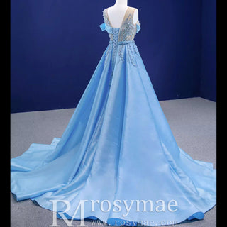 High-end Pool Blue Beading Pearl Sequins Prom Dresses - Rosymae