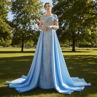 High-end Pool Blue Beading Pearl Sequins Prom Dresses - Rosymae