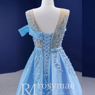 High-end Pool Blue Beading Pearl Sequins Prom Dresses - Rosymae