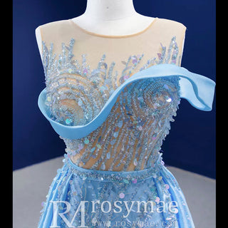 High-end Pool Blue Beading Pearl Sequins Prom Dresses - Rosymae