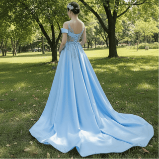 High-end Pool Blue Beading Pearl Sequins Prom Dresses - Rosymae