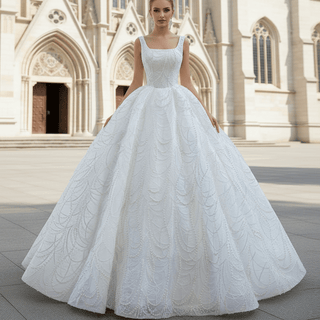 High-end Puffy Skirt Ball Gown Wedding Dress with Square Neckline - Rosymae