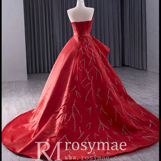High-end Red Beading Prom Dress Asymmetrical Neck Formal Gown - Rosymae