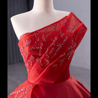 High-end Red Beading Prom Dress Asymmetrical Neck Formal Gown - Rosymae