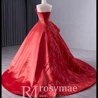 High-end Red Beading Prom Dress Asymmetrical Neck Formal Gown - Rosymae