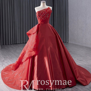 High-end Red Beading Prom Dress Asymmetrical Neck Formal Gown - Rosymae