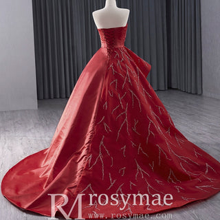 High-end Red Beading Prom Dress Asymmetrical Neck Formal Gown - Rosymae
