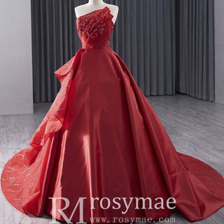 High-end Red Beading Prom Dress Asymmetrical Neck Formal Gown - Rosymae