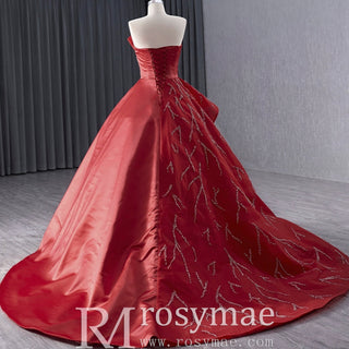 High-end Red Beading Prom Dress Asymmetrical Neck Formal Gown - Rosymae