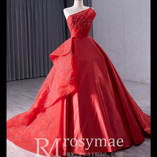 High-end Red Beading Prom Dress Asymmetrical Neck Formal Gown - Rosymae