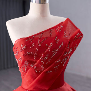 High-end Red Beading Prom Dress Asymmetrical Neck Formal Gown - Rosymae