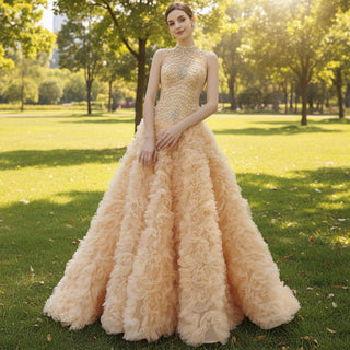 High-end Rhinestone Sequins Pleated Prom Dress Ruched Formal Gown - Rosymae