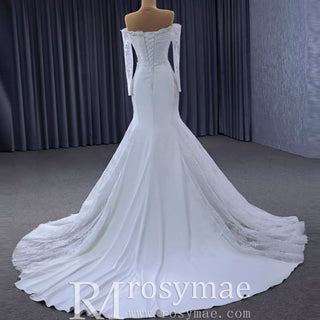 High-end Satin Lace Wedding Dress with Off the Shoulder Long Sleeve - Rosymae