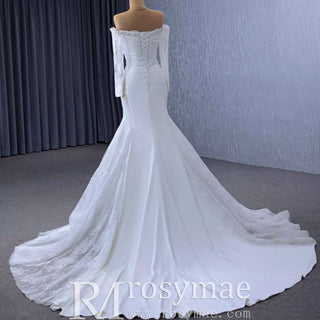 High-end Satin Lace Wedding Dress with Off the Shoulder Long Sleeve - Rosymae